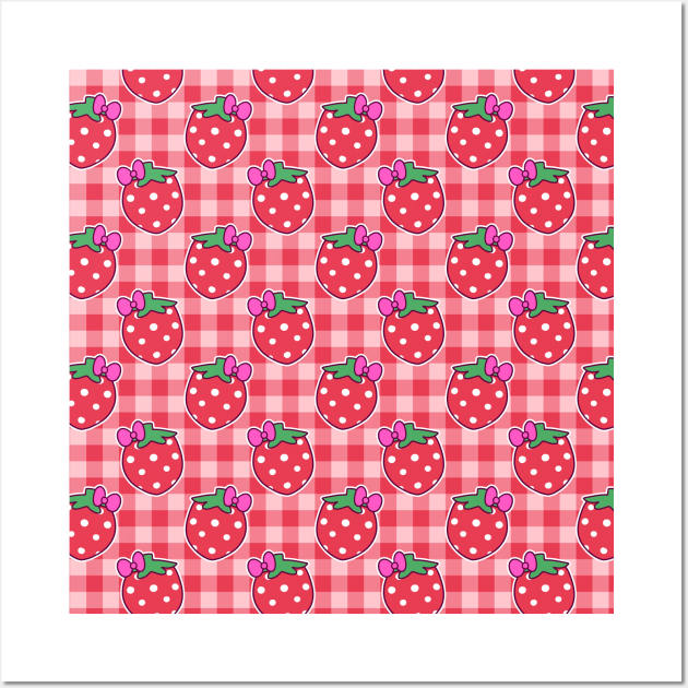 Bow Strawberry Gingham Pattern Wall Art by saradaboru